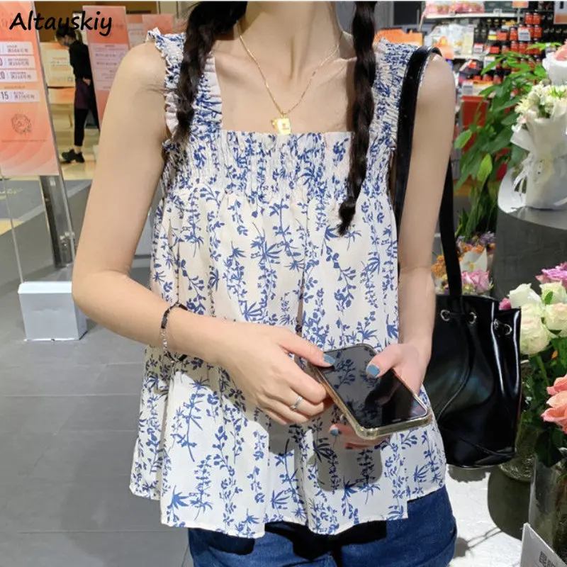 Floral Tanks Women Loose Fashion Folds Sweet Tender Casual Vacation Square Collar Vintage Chic Streetwear Sleeveless Tops Summer