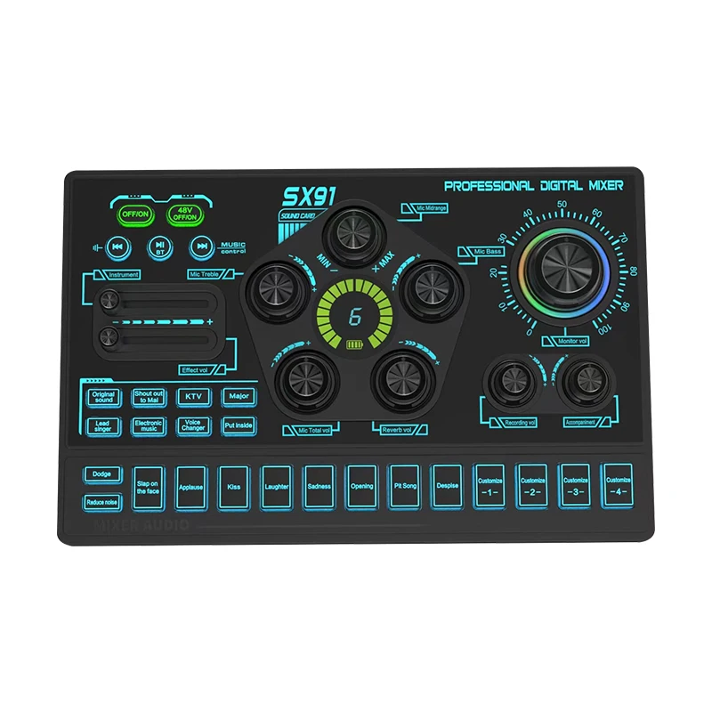 

SX91 Sound Effects Board Audio Inte ace Audio Mixer With Voice Changer and LED Lights