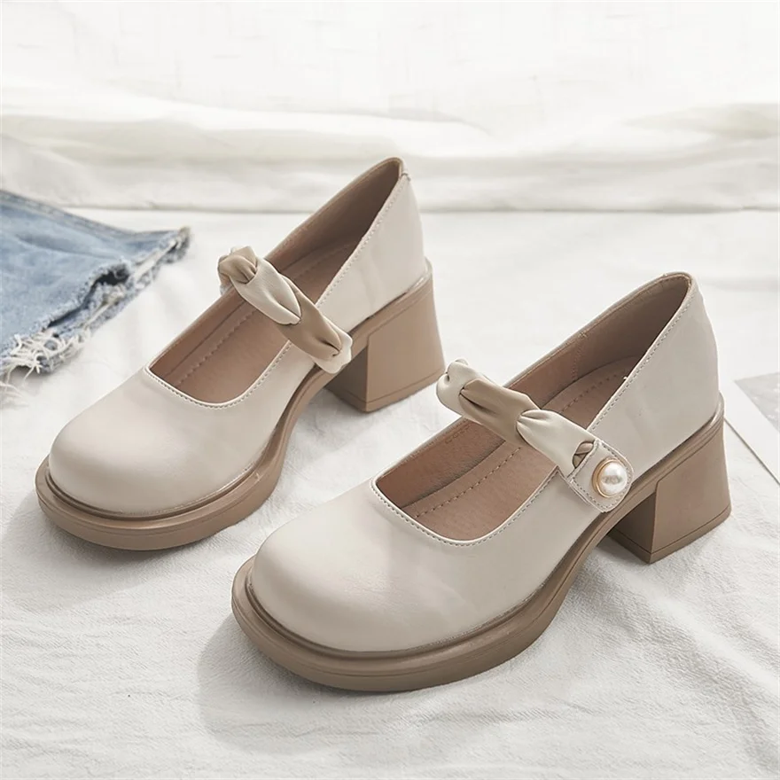 

Beige Soft Leather Shoes Women Heels Mary Janes Platform Lolita Shoes Japanese Style Vintage Girls High Heel Pumps Woman Shallow