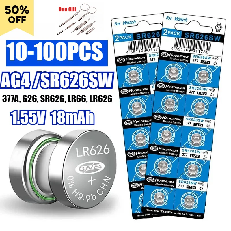 10-100pcs  AG4 1.55v Alkaline Battery LR66 LR626 L626F SR626SW 377 Button Batteries for Watch Clock Small Electronic Devices