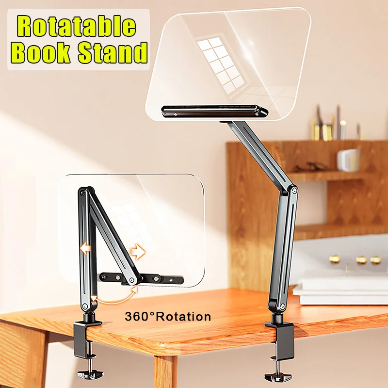 

Desk Clamp Book Stand for Reading Adjustable Recipe Book Holder Reading Book Bracket 360 Degree Acrylic Rotating Reading Stand