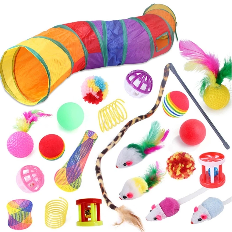 

Ball Tunnel Mouse Chewing Toy Set Teeth Care Set of 22 Furry Mouse Toy Wand- Catnip