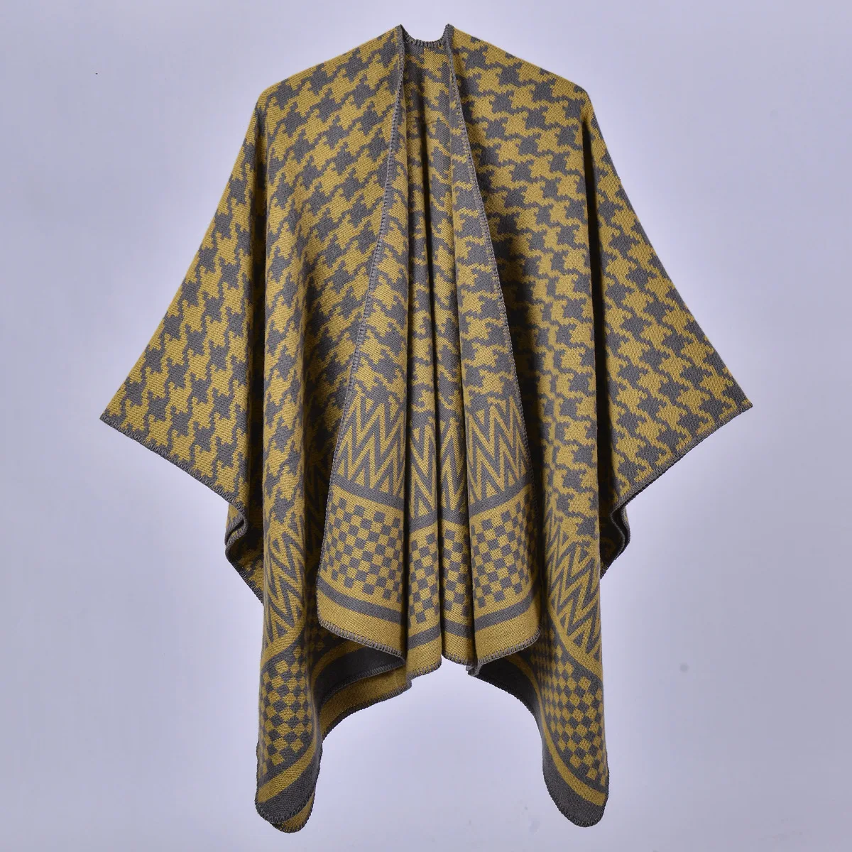 6 Women Air Conditioning Blanket Printed Houndstooth  Big Pendulum Poncho Shawl Capes Split Long Autumn Thick Jacquard Cloak