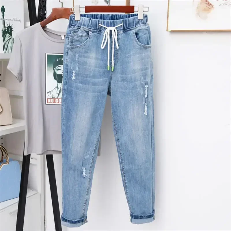 Women Stretch Jeans High Waist Elastic Waistband Harem Pants Loose Slim Fit Carrot Denim Trousers For Fat Ladies Casual Pants