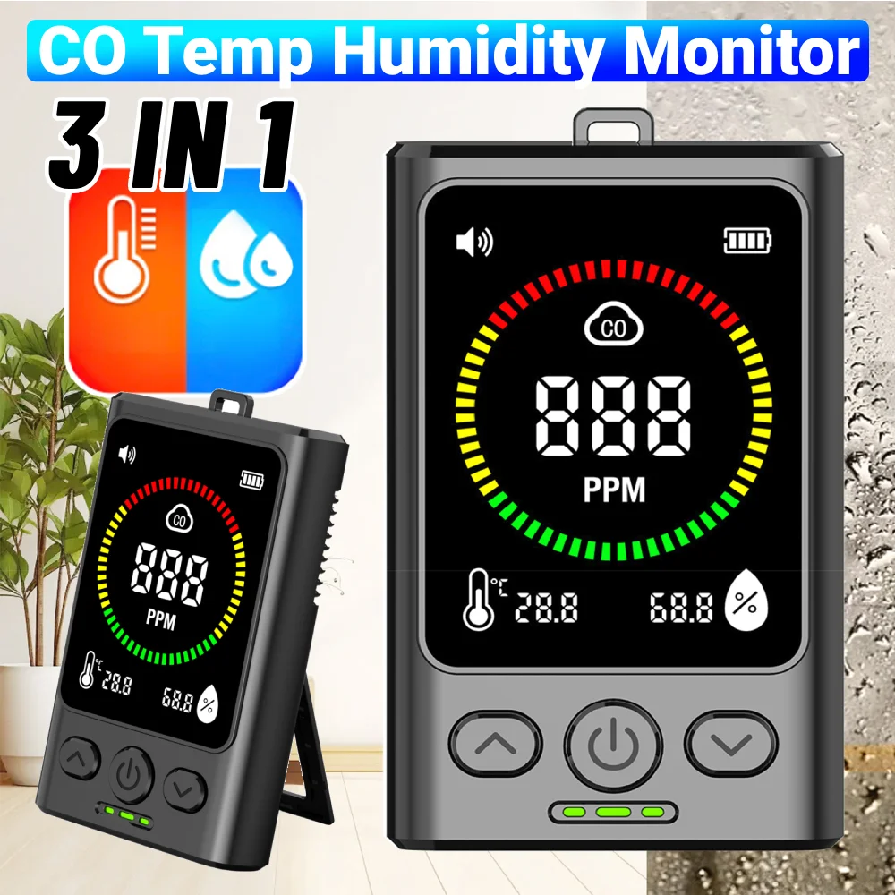 

1000mAh Rechargeable CO Detector 3-in-1 LCD Temp Humidity Alarm Monitor with LCD Display CO Alarm Detector for Home Travel Hotel