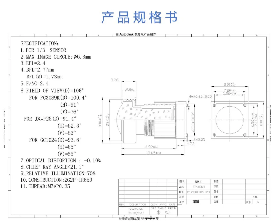 M7 nondistorted lens compatible with 1/3 sensor high-definition lens for  facial recognition binocular camera