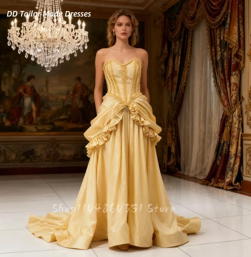 

Customized Vintage Victorian Gold Wedding Dress Ruched Ruffles Satin Long Bridal Gowns Appliques Sweetheart Strapless Vestidos