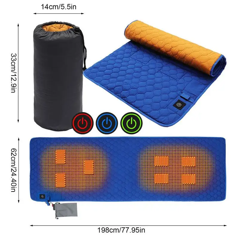 198*62mm USB Heating Sleeping Mat 7 Heating Zones Adjustable Temperature Electric Heated Pad for Outdoor Camping Tent Mat