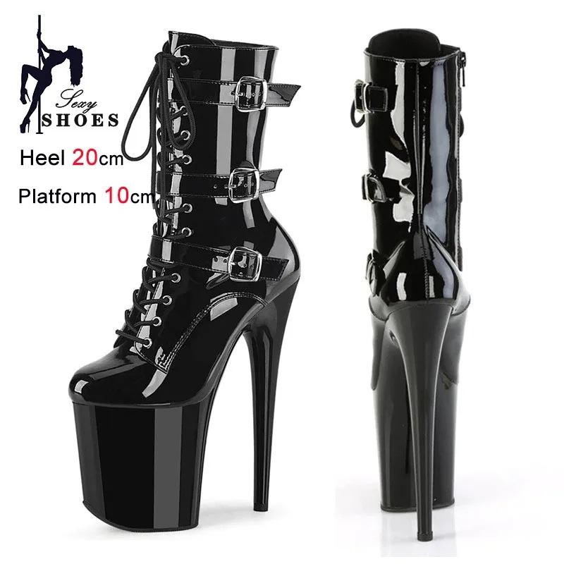 

2025 Women Short Boots 20CM Super High Heels Zipper Ankle Boots Lace-up Nightclub Knight Black Sexy Pole Dancing Platform Shoes