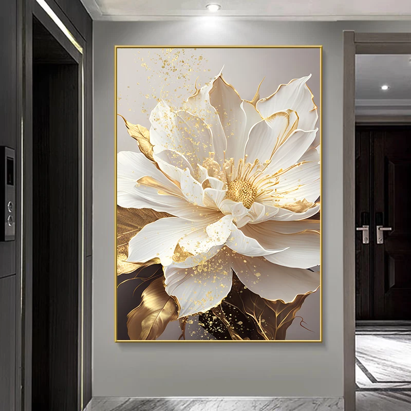 Gold Leaf White Blooming Flowers Decorative Paintings Canvas Wall Art Pictures Prints Luxury Living Room Modern Home Decoration