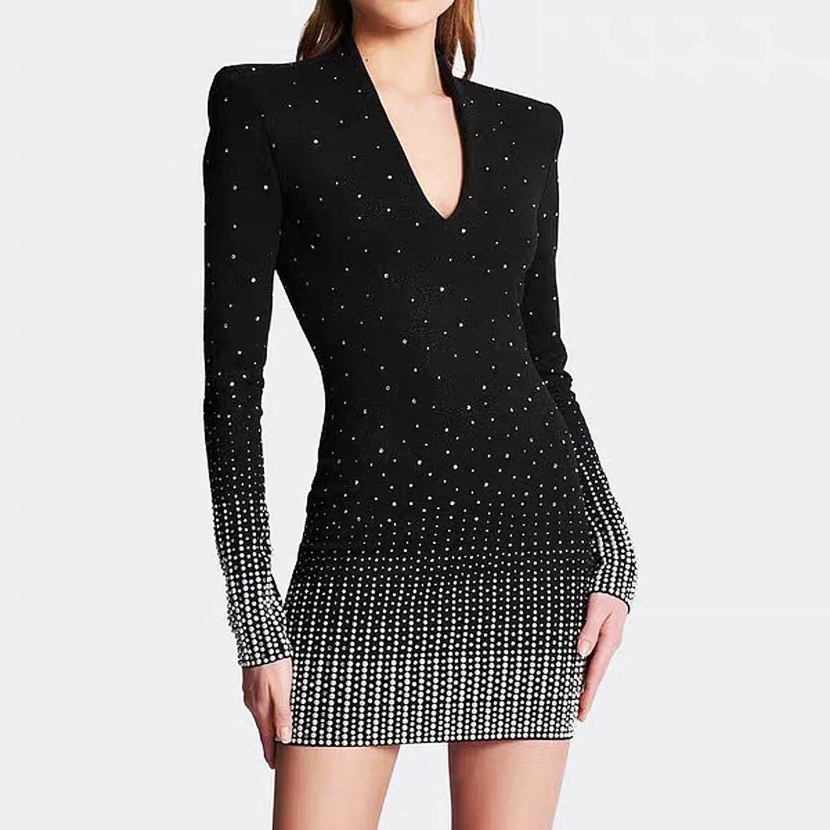 Spot 2024 European And American Spring And Autumn New High Quality Hot Diamond Knitted V-neck Slim Slim Long Sleeve Dress Women