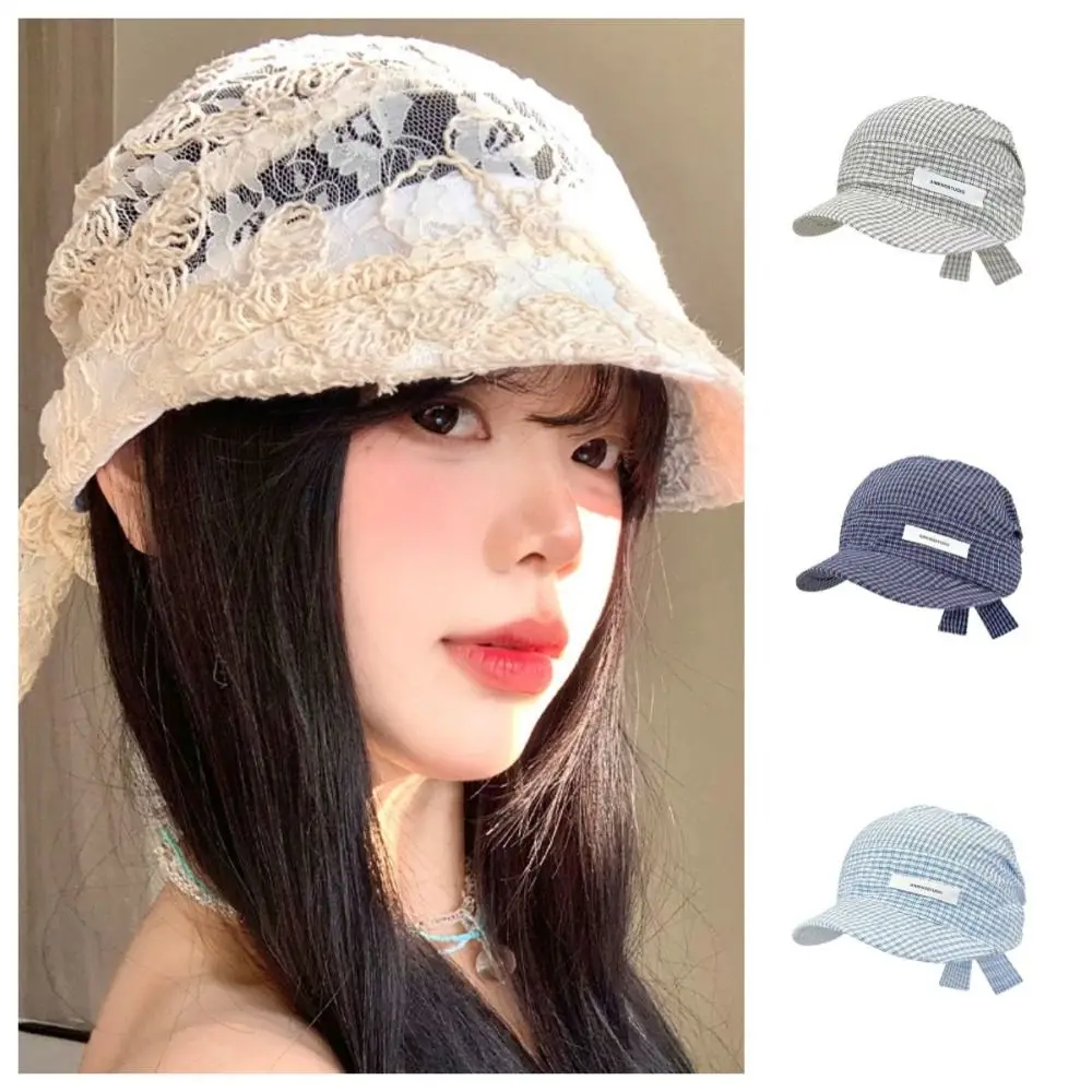 

Casual Rural Style Headscarf Baseball Hat Lace Plaid Sunscreen Headscarf Hat Flat-brimmed Japanese Strappy Bandana Cap Daily