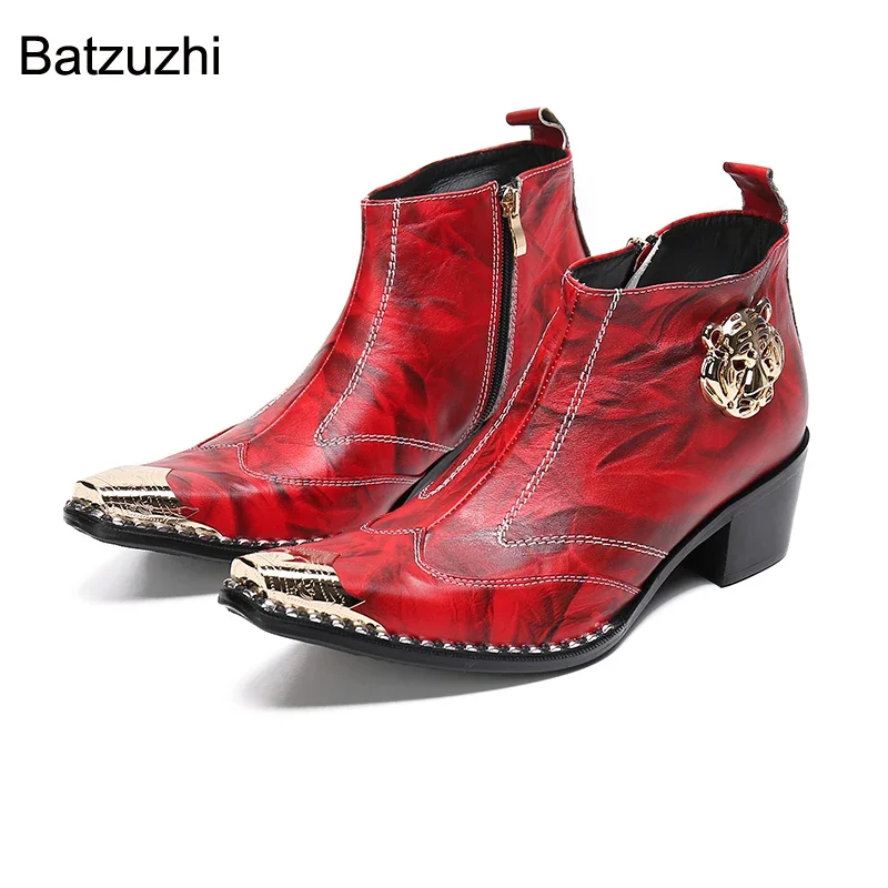 Batzuzhi Handmade Boots Men Western Fashion Pointed Golden Iron Toe Leather Ankle Boots for Men Red Party, Wedding Botas Hombre!