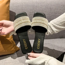 Women Luxury Pearl Slippers  Summer Square Toe Flats Slides Sandals Woman Comfortable Non Slip Beach Flip Flops Big Size 43