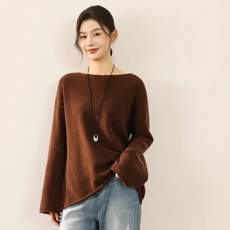

2025 Autumn Winter Women Slash neck Cashmere Sweater Long Sleeve Pullover 100% Merino Wool Knitwear Soft Warm Female Clothing