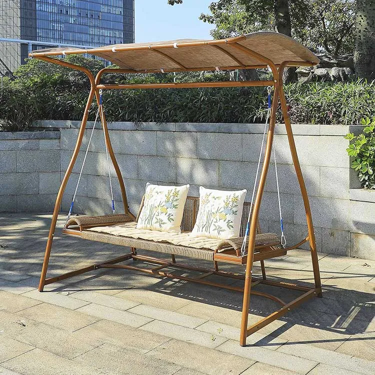 High Quality Modern 2 Seat Rattan Wicker Swing Chair Metal Frame Waterproof Cushion Outdoor Patio Garden Canopy Courtyard Park