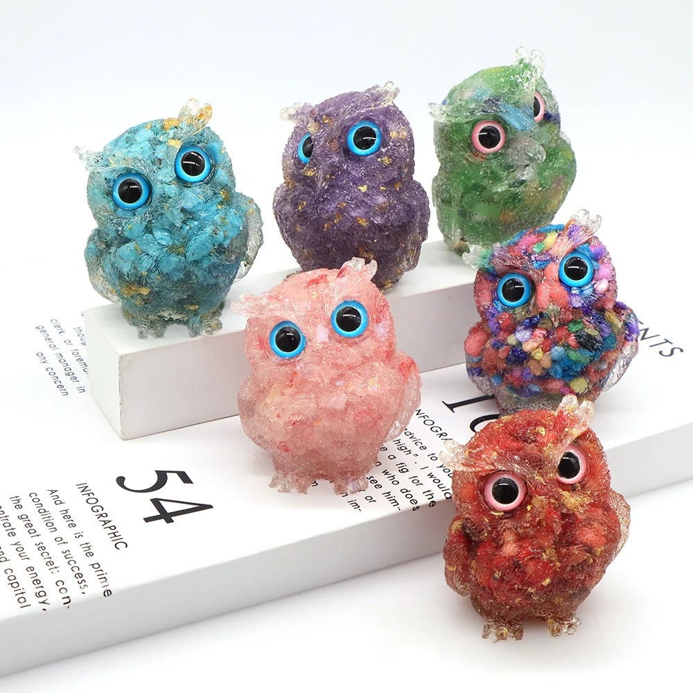 

Natural Crystal Stone Gravel Resin Art Owl Figure Animals Statue Crafts Table Gem Decoration Home Ornaments Christmas Gifts 60mm