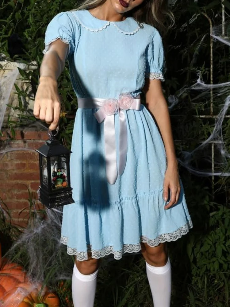 grady twins blue dress Officially Licensed The Shining Grady Twins Adult Halloween Costume - Blue Dress with Pink Rose Accents