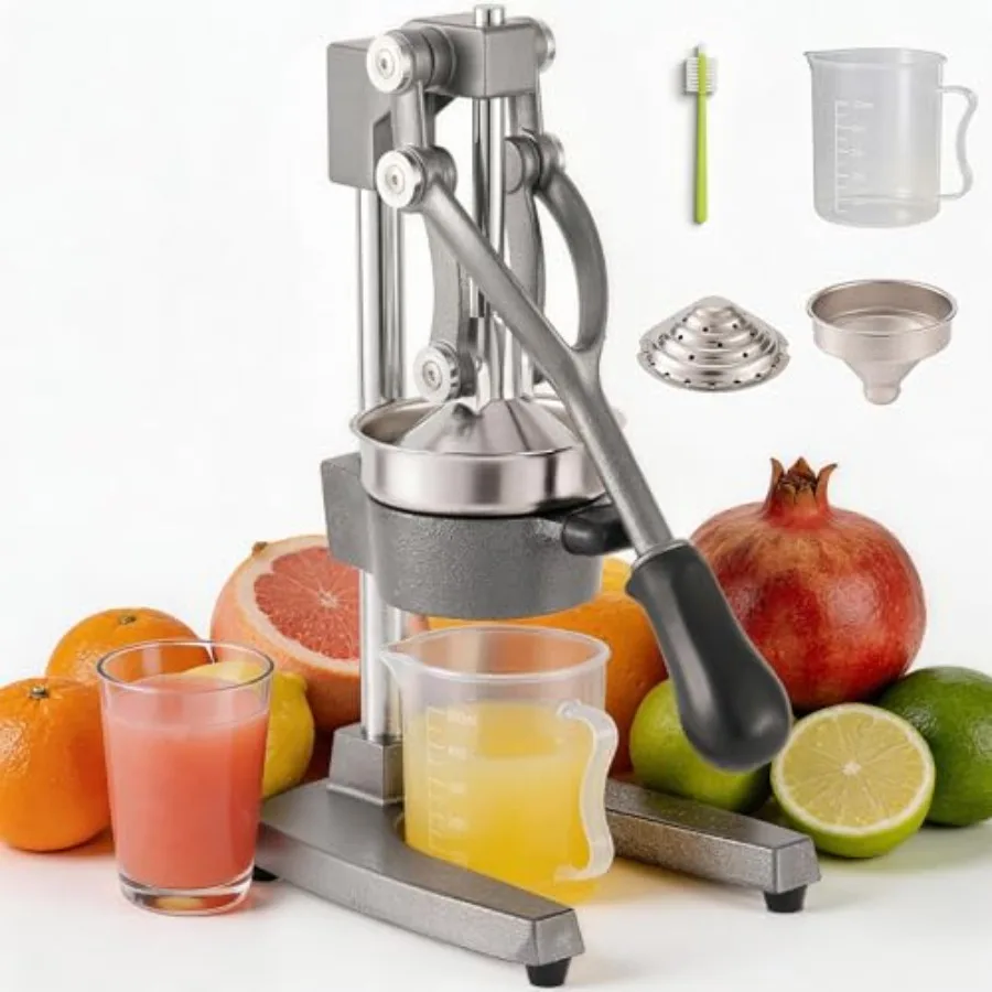 

Citrus and pomegranate juicer for home, health, and bartending use; cast iron body with stainless steel bowl; classic metallic