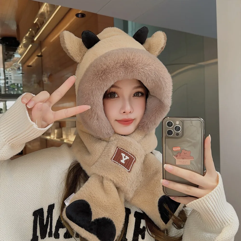 2024 Thickened Plush Hat Scarf Gloves Set Cute Rabbit Ear Ram's Horn Women Beanies Cap Winter Warm Hat Autumn Winter