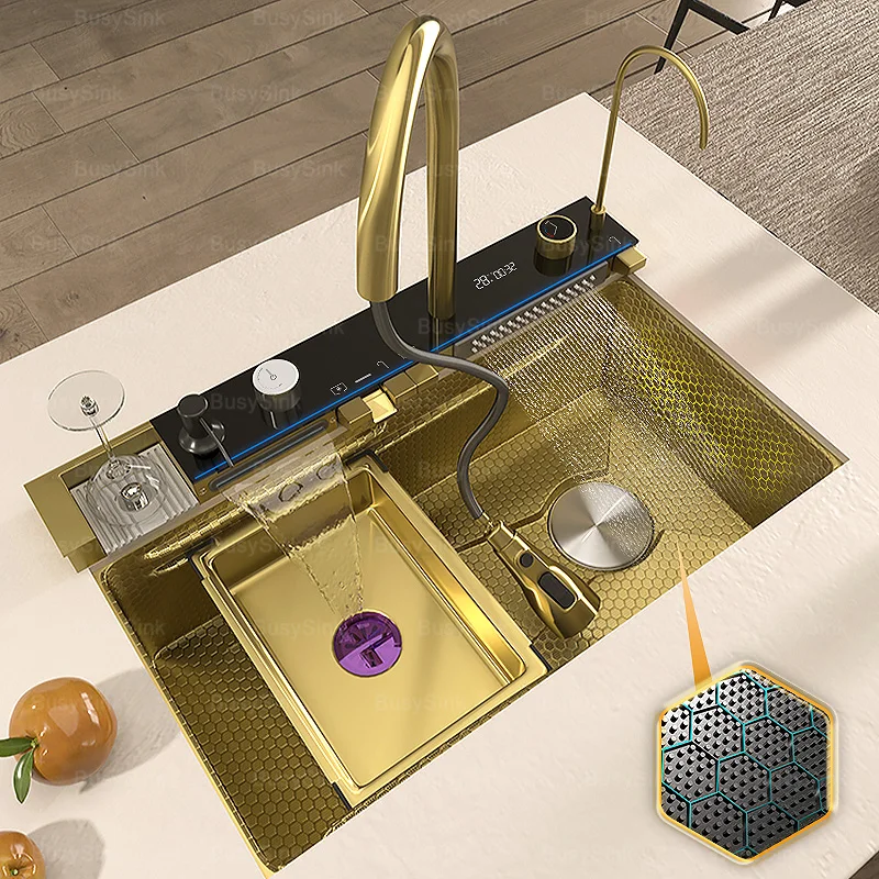 حوض مطبخ شلال من الفولاذ المقاوم للصدأ، وعاء واحد كبير جدًا، شاشة ديجيتال، أحواض غسيل الأطباق متعددة الوظائف #6