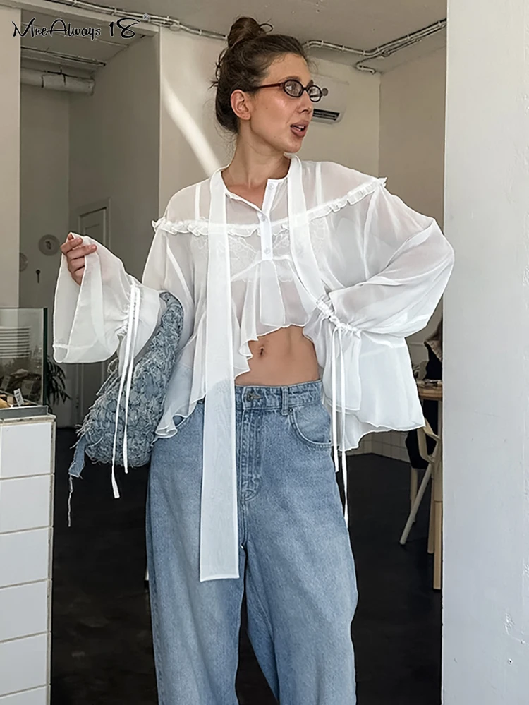 Mnealways18 Chiffon White Frill Blouses For Women Flare Sleeves Irregular Perspective Oversize Shirts Autumn 2024 Female Sunwear