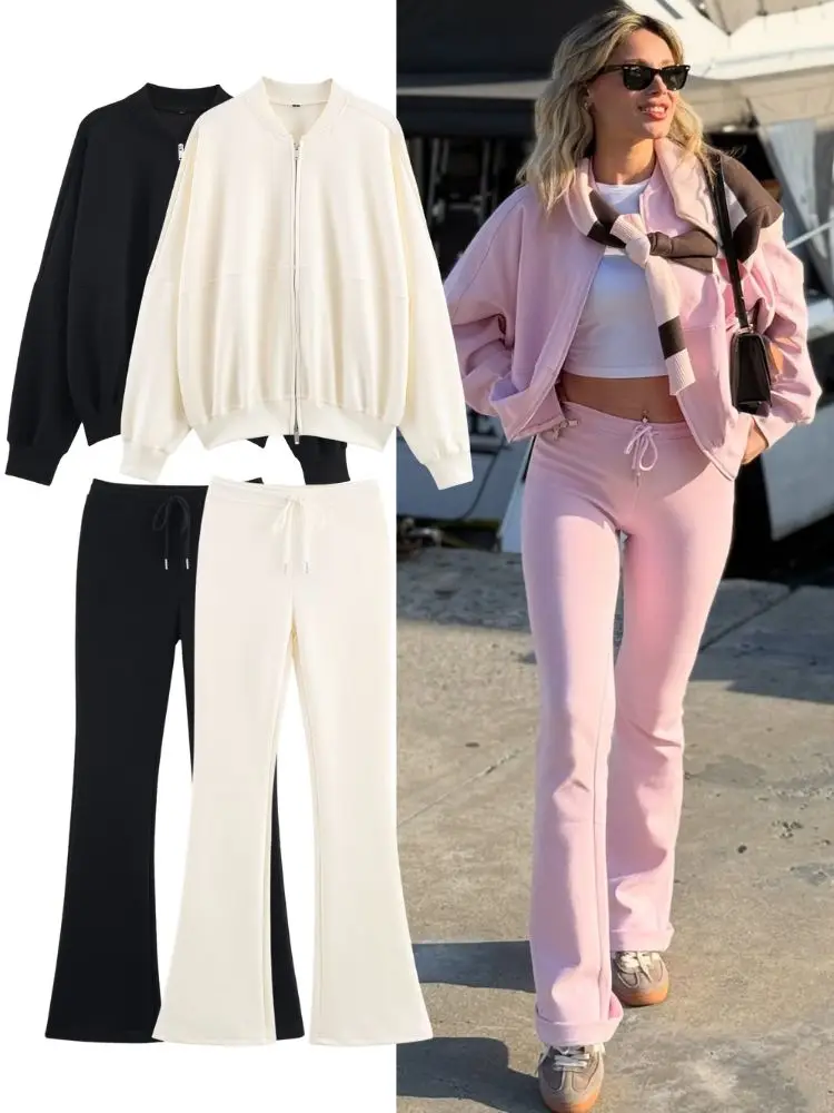 HH Casual Herbst Frauen Solide Sport Hosen Set Lange Sleeve Zipper Bomber Jacke + Kordelzug Schlank Flare Hosen Büro Dame anzüge