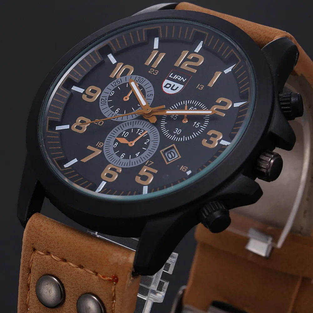 Men’s Casual Versatile Brown Series No Waterproof Alloy Leather Belt Digital watch Fashion Three Eyes Dial With Calender Reloj