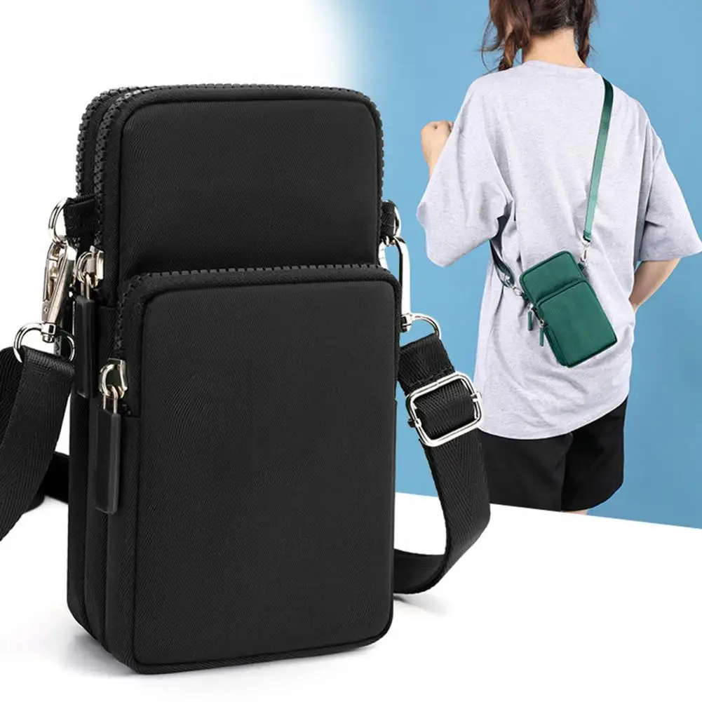 

Women Men Mobile Phone Bag Multi-pockets Zipper Adjustable Nylon Strap Small Solid Color Crossbody Wallet Shoulder Bag