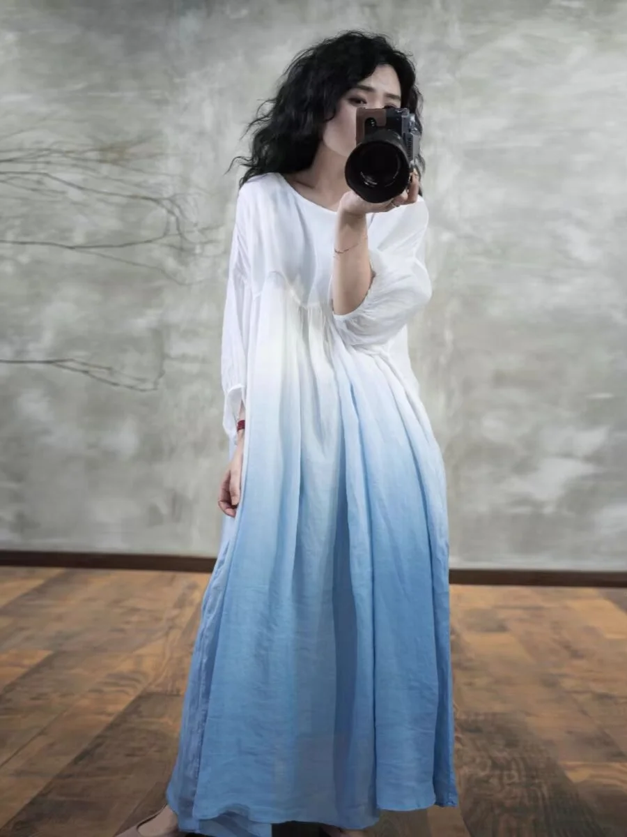 Summer Beach Vaion Women's Cotton Linen adient Color Dr Artistic Retro Sle Long A-Line Skirt with Lantern Sves