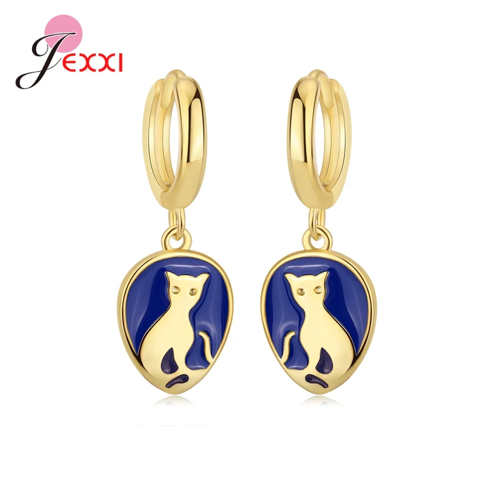 Korean Style Genuine 925 Sterling Silver Blue Enamel Simple Temperament Cute Cat Hoop Earrings Female Ear Buckle Jewelry