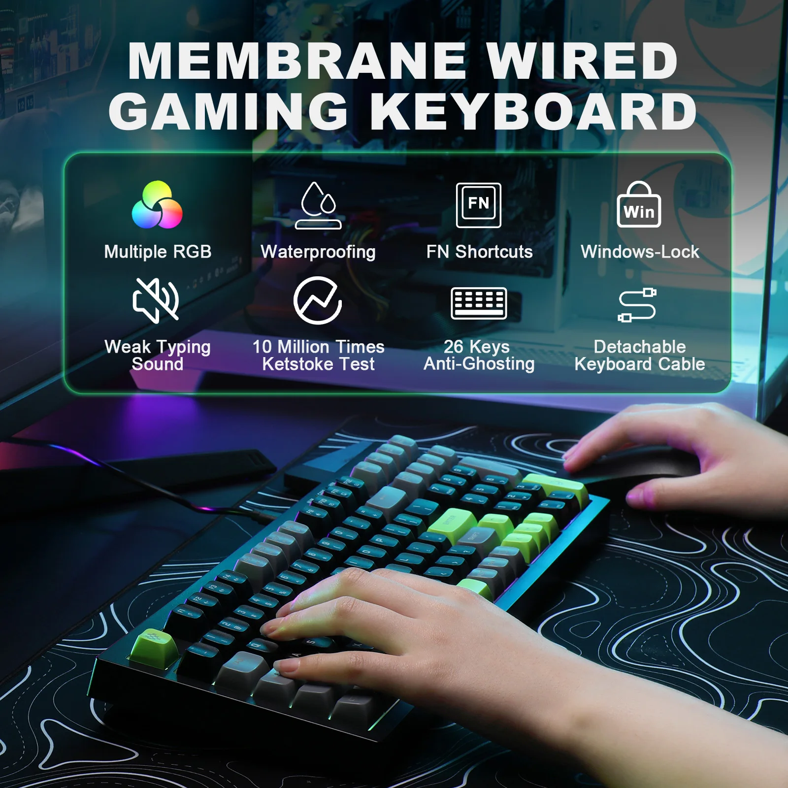 YUNZII D98 Black Wired Gaming Keyboard, RGB Backlit Quite Full Numpad Membrane Keyboard, Spill Resistance, Anti-ghosting 98 Keys