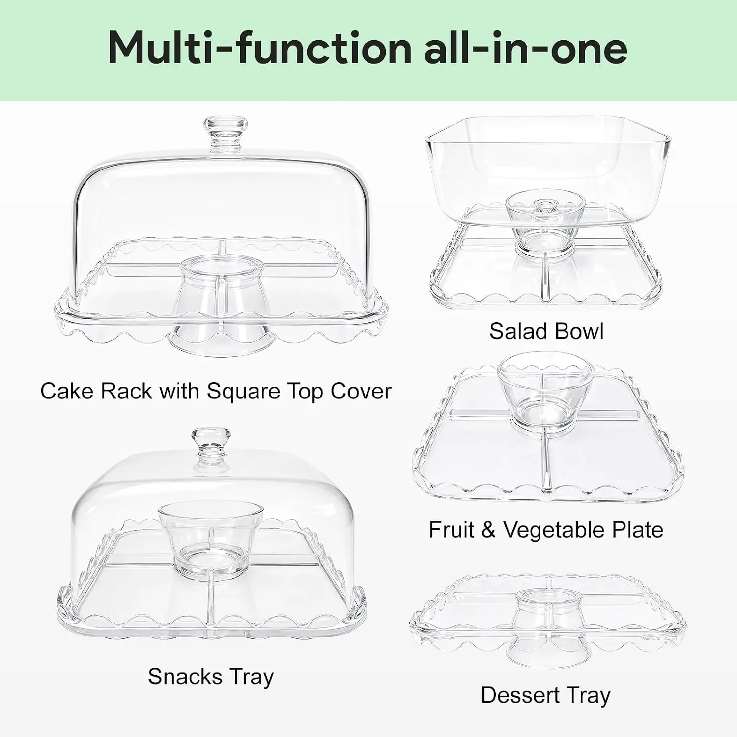 12-Inch Square Acrylic Cake Stand with Lid, 6-in-1 Serving Stand for Dessert, Cookies, Fruit & Party