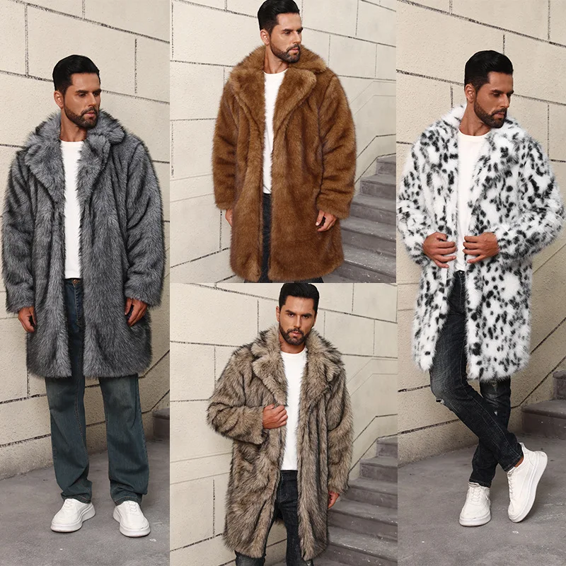 Nouveau Manteau chaud épais en fausse fourrure pour hommes mi à Long col de costume britannique veste chaude en fausse fourrure