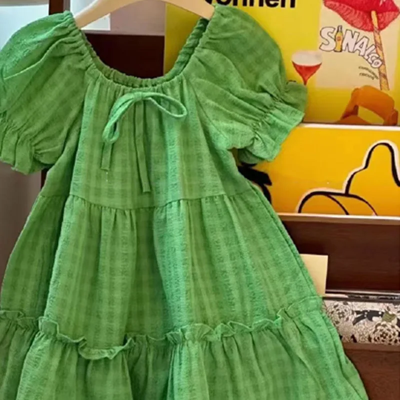 2024 Summer New Fashionable Girls Dress Green Cute Gentle Sweet Childrens Princess Dress Kids Clothes  Summer Dress