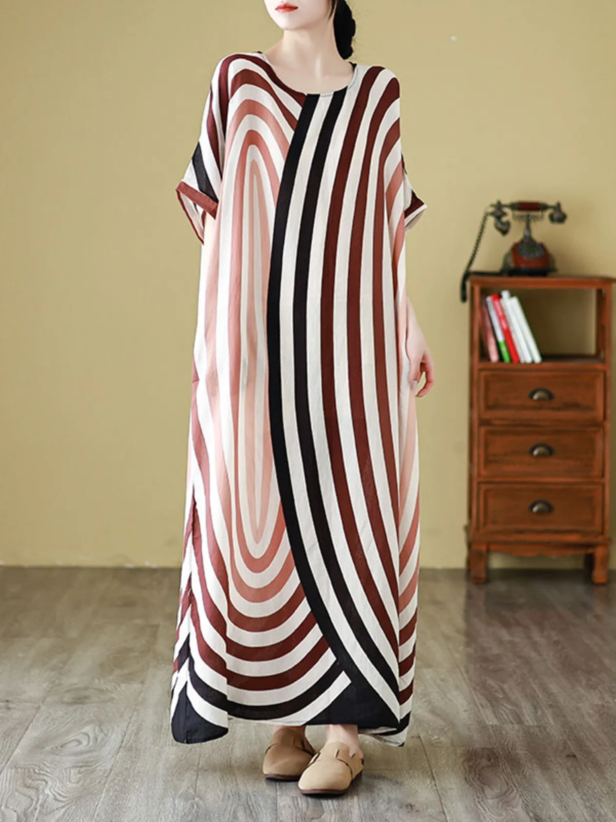 

Летнее женское пляжное платье большого размера с круглым вырезом, свободного кроя, с принтом, в стиле H-образного силуэта, для повседневного отдыха