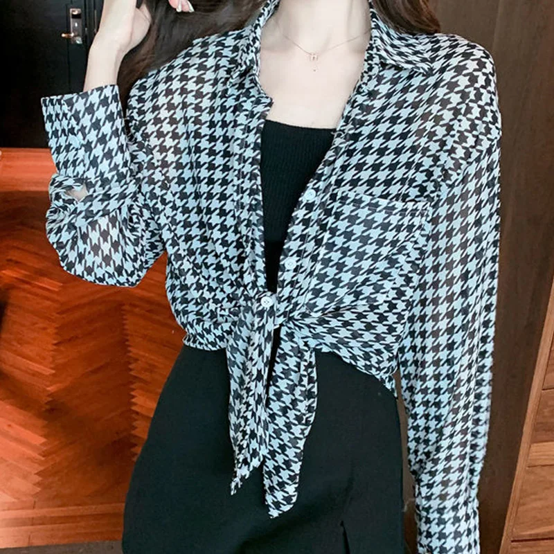 여성용 폴로 칼라 긴팔 셔츠, 하이 스트리트 캐주얼 단추 가디건, 우아한 프린팅 얇은 스타일 상의, 용수철 여름 신상 패션