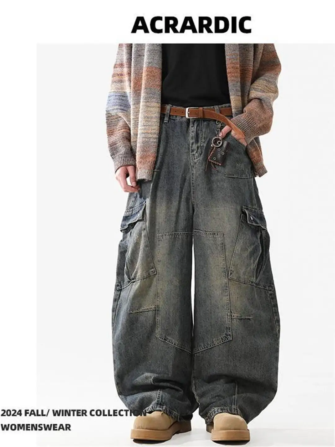 Spring Autumn Vintage Multi-Pocket Knife  Men's Jeans Loose Wide Leg Workwear Casual Straight Leg Denim Pants