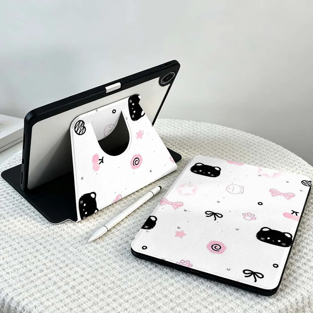 Cartoon Cat Star Bow Cherry Soft For Samsung Galaxy Tab S11 S10 S9 S8 A11 FE Plus Ultra 360° Rotation Stylus Storage Tablet Case