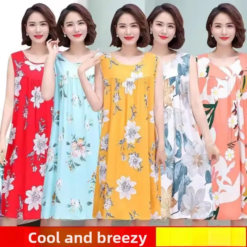 

Летняя женская ночная сорочка из хлопка и шелка, свободного кроя, тонкая модель, без рукавов, больших размеров, удобное домашнее платье