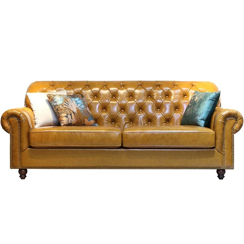 

Cowhide Xiaomei Style Living Room Furniture Retro Pull Buckle Leather Sofa