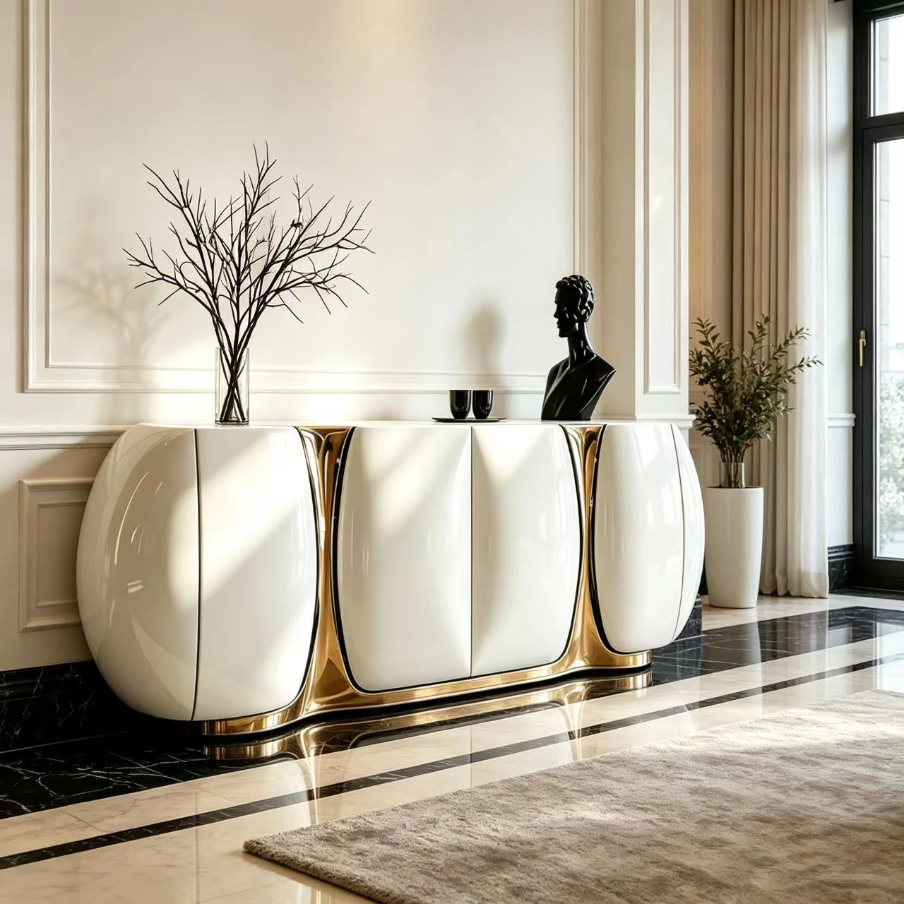 M*-Oval Bulb Curved Fiberglass Sideboard Gloss Ivory Mirror Gold Trim 6 Door Storage Cabinet for European