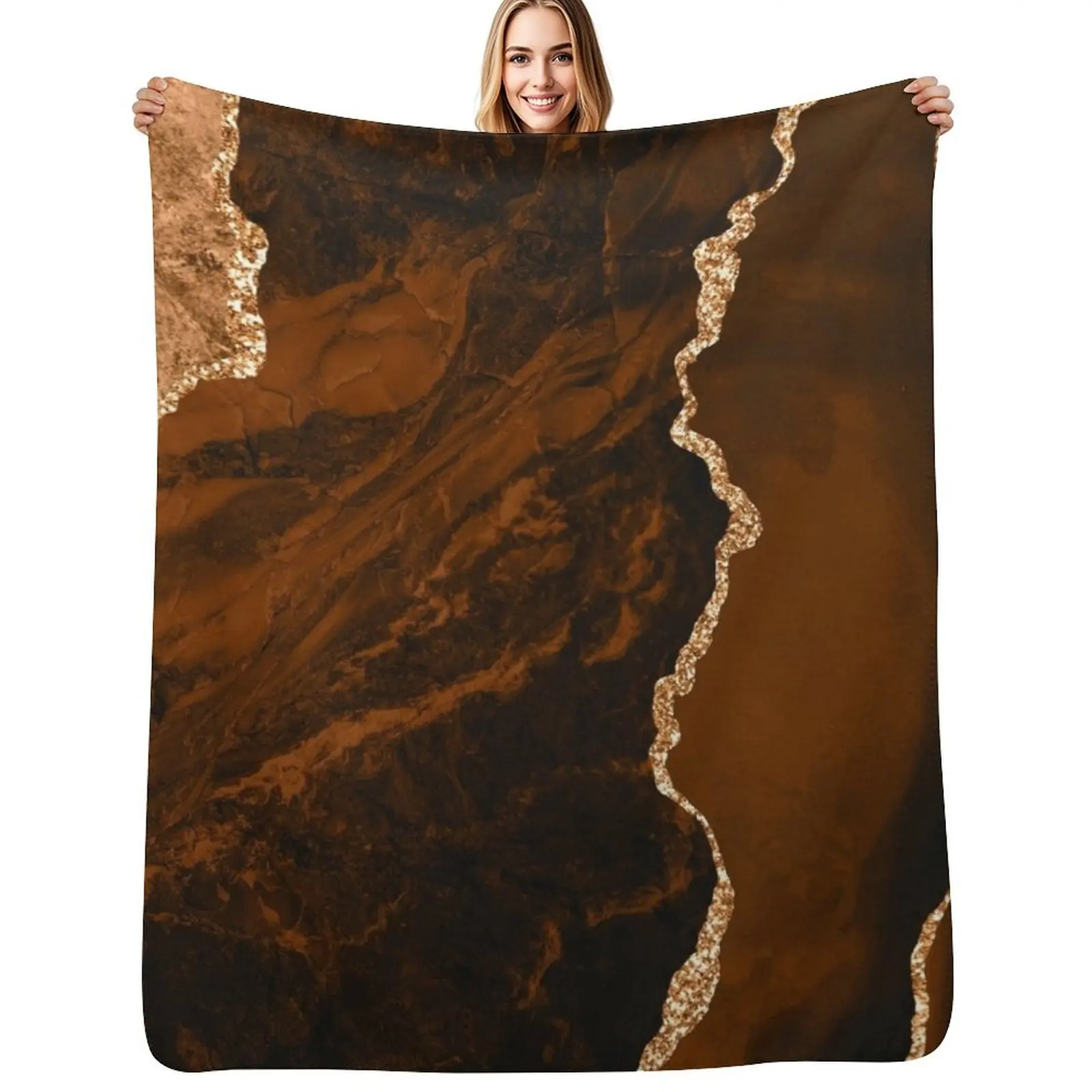 Abstract Chocolate Brown & Gold Modern Geode Agate Design Throw Blanket warm for winter Beach christmas gifts for sofa Blankets