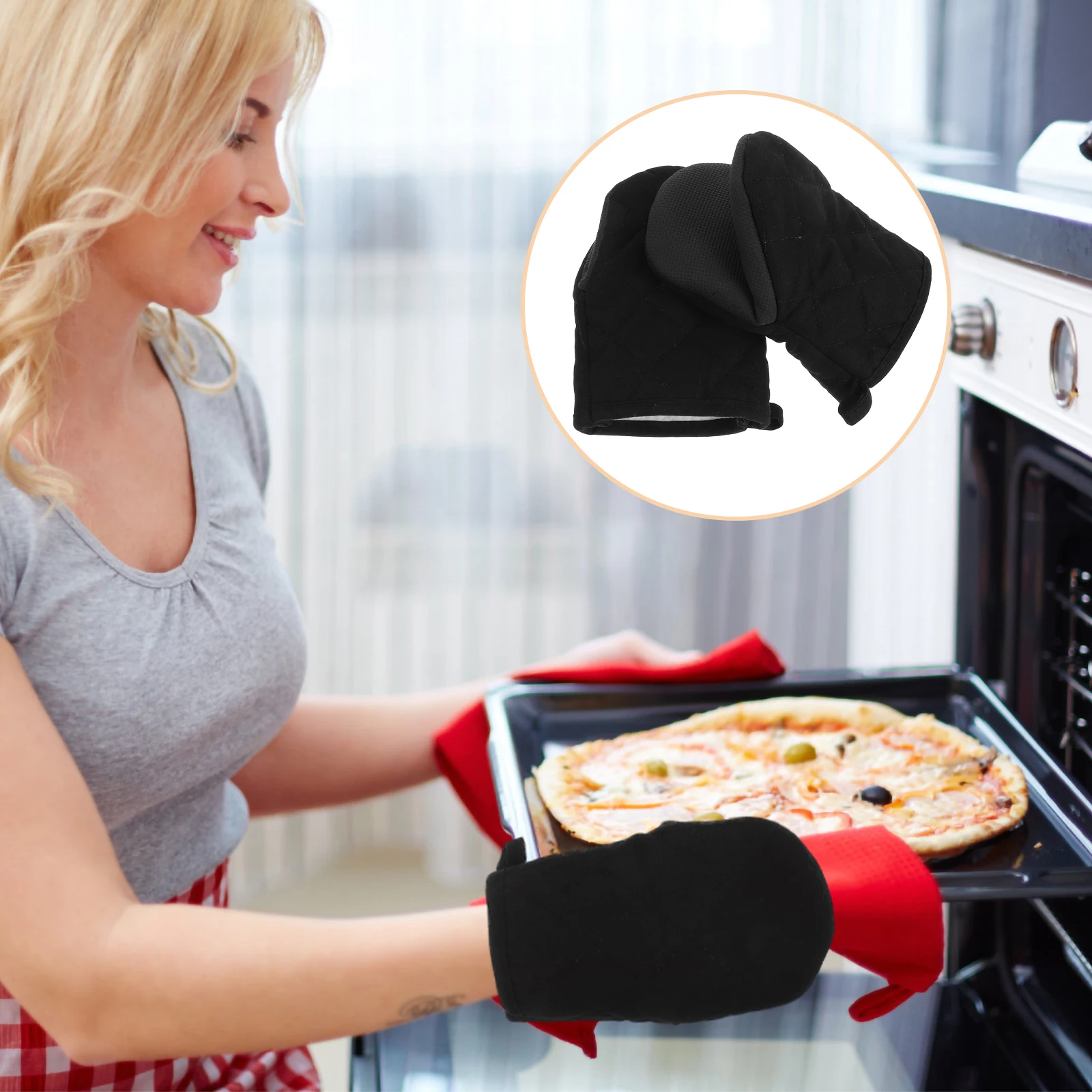 

2pcs Heat Resistant Rubber Oven Gloves Non Slip Kitchen Mitts Thickened Microwave Baking Cooking Grilling Anti Scald