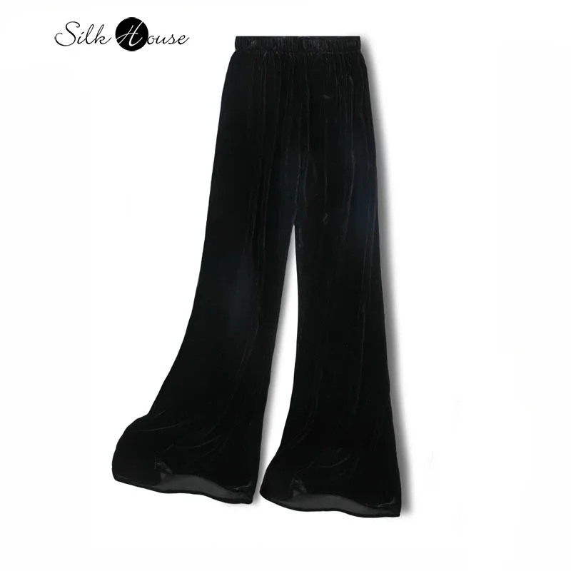 30% Natural Mulberry Silk Velvet Flared Pants for Women Loose and Hanging Mid High Waist Breathable Black Casual Pants