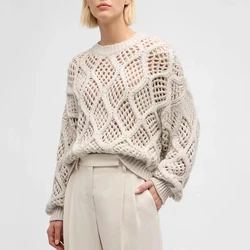 Women's diamond plaid hollow crochet jacquard round neck knitted wool cashmere sweater loose cotton sweater tops