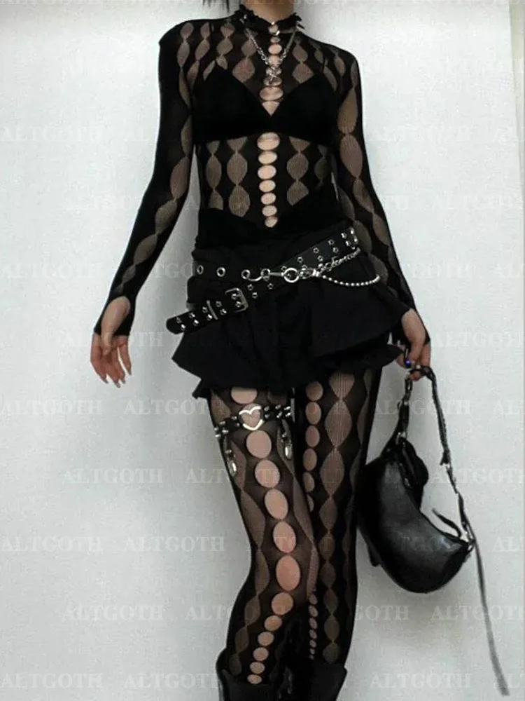 AltGoth Sexy See Through Mesh 2 Pieces Suits Women Streetwear Cyberpunk Mall Gothic Long Sleeve T-shirt High Waist Pants Suits