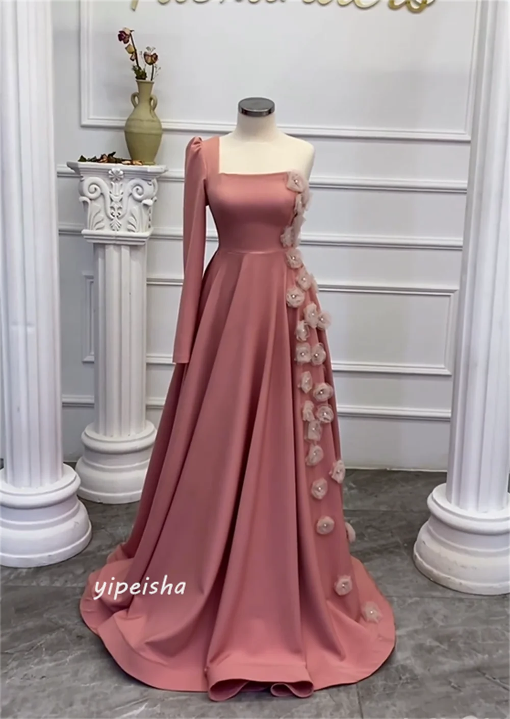 Vestido de baile com flores drapeadas, vestido de noivado, linha A, um ombro, ocasião personalizada, vestidos longos, Arábia Saudita Vestidos de noite