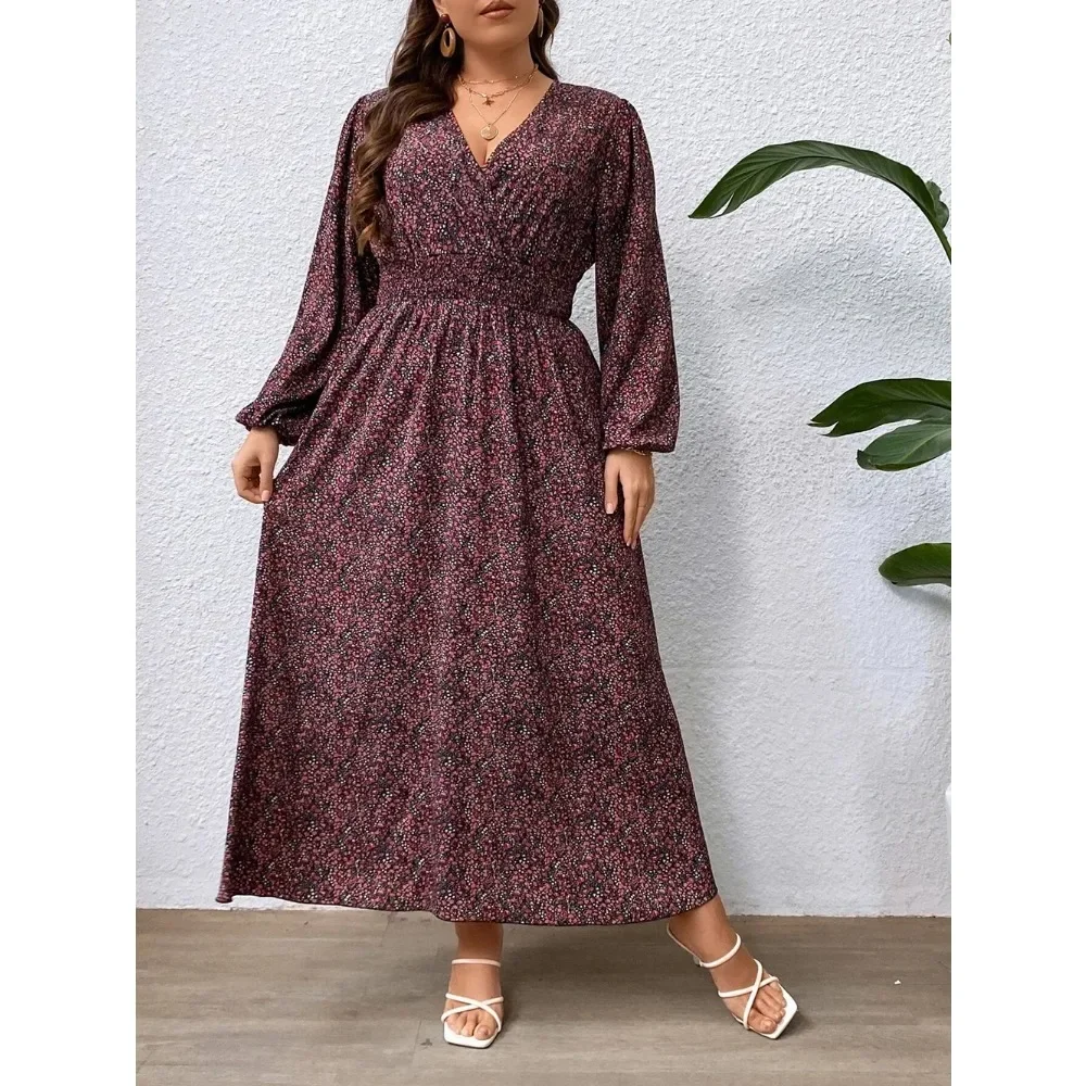 Spring/Summer Hot Selling Women\'s Plus Size Loose Waist V-neck Fashionable Floral Print Lantern Sleeves Women\'s Casual Dress