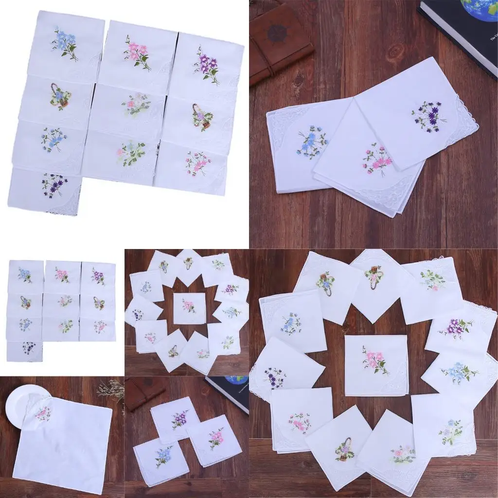 

R1WE 10pcs мягкий хлопковой платок вышитый цветочные женщины нежные носовые платки